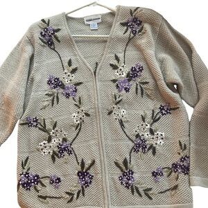 Vintage Wool Blend V-Neck Zip Front  Women's Tan Floral Embroidery Sweater Large